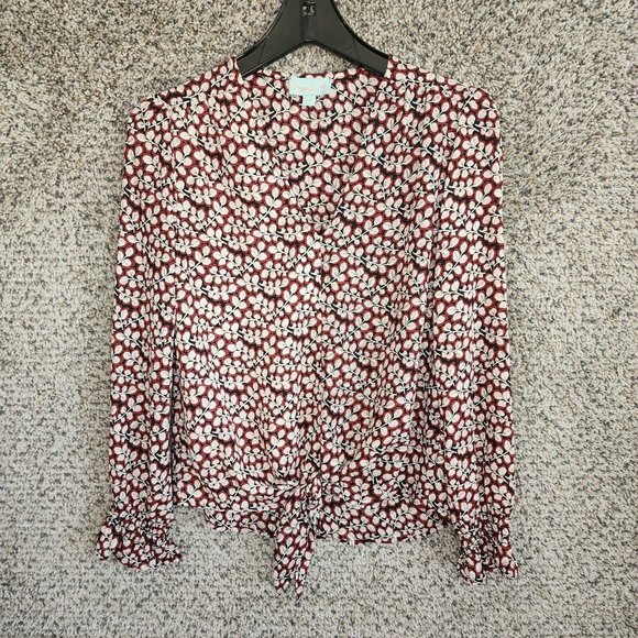 Veronica‎ M Blouse Womens XS Red Long Sleeve Waist Tie V Neck Casual Ladies - Picture 1 of 7